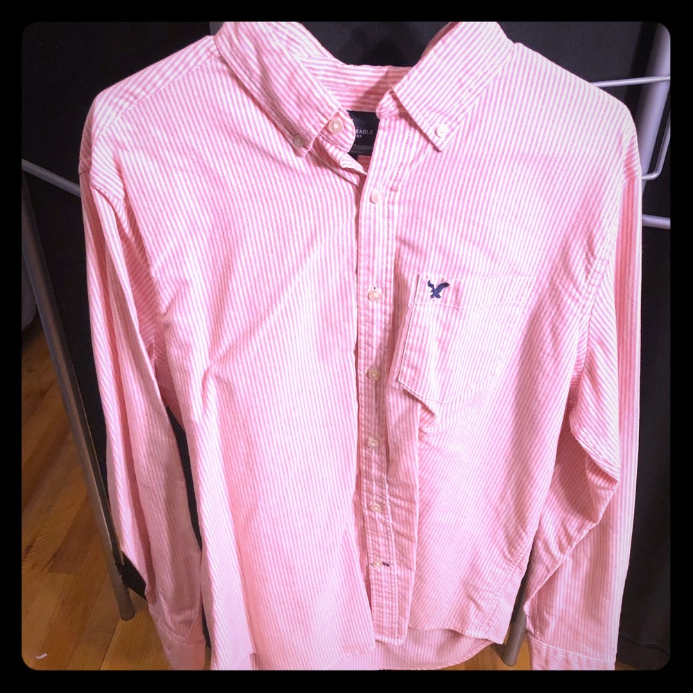 American Eagle large pink and white button-down